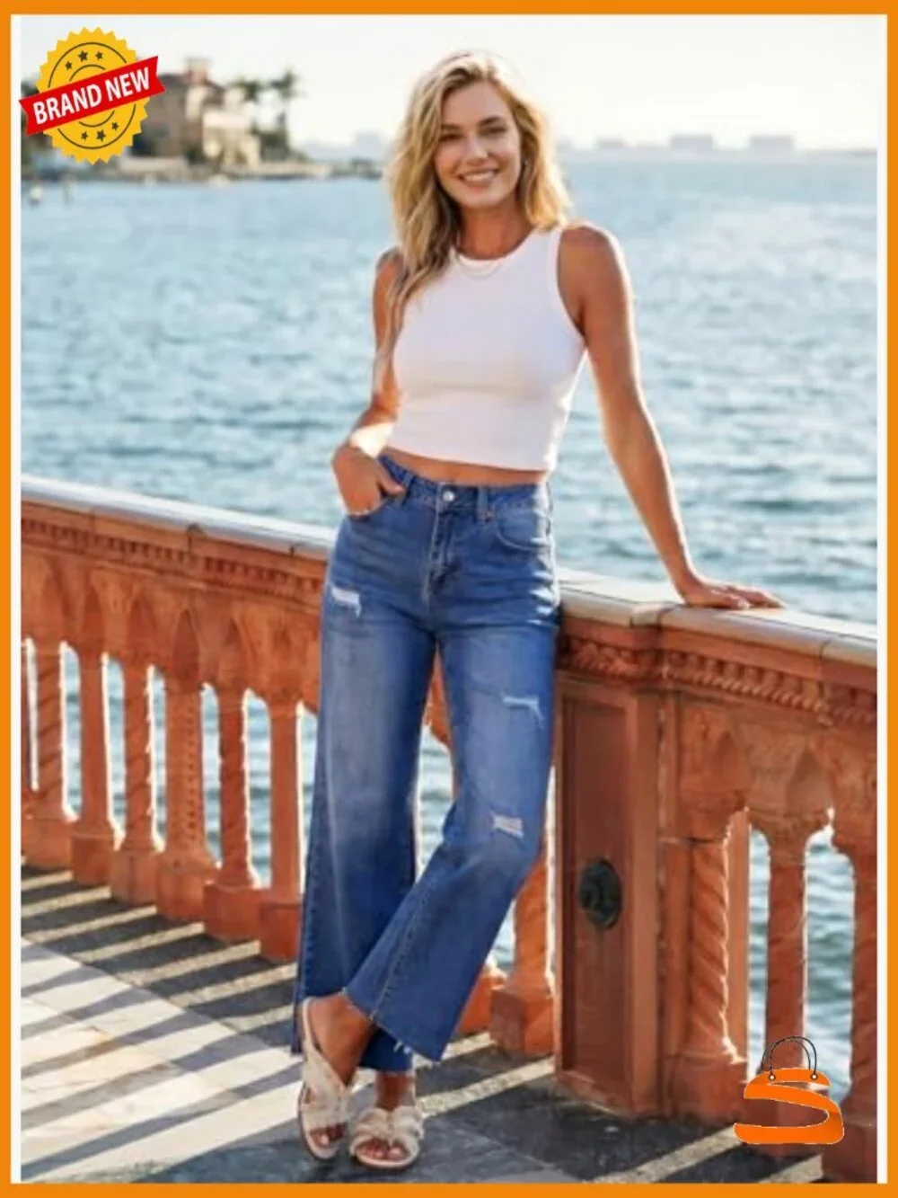 High Waist Baggy Wide Leg Jeans 8 Points Length Stretch Denim